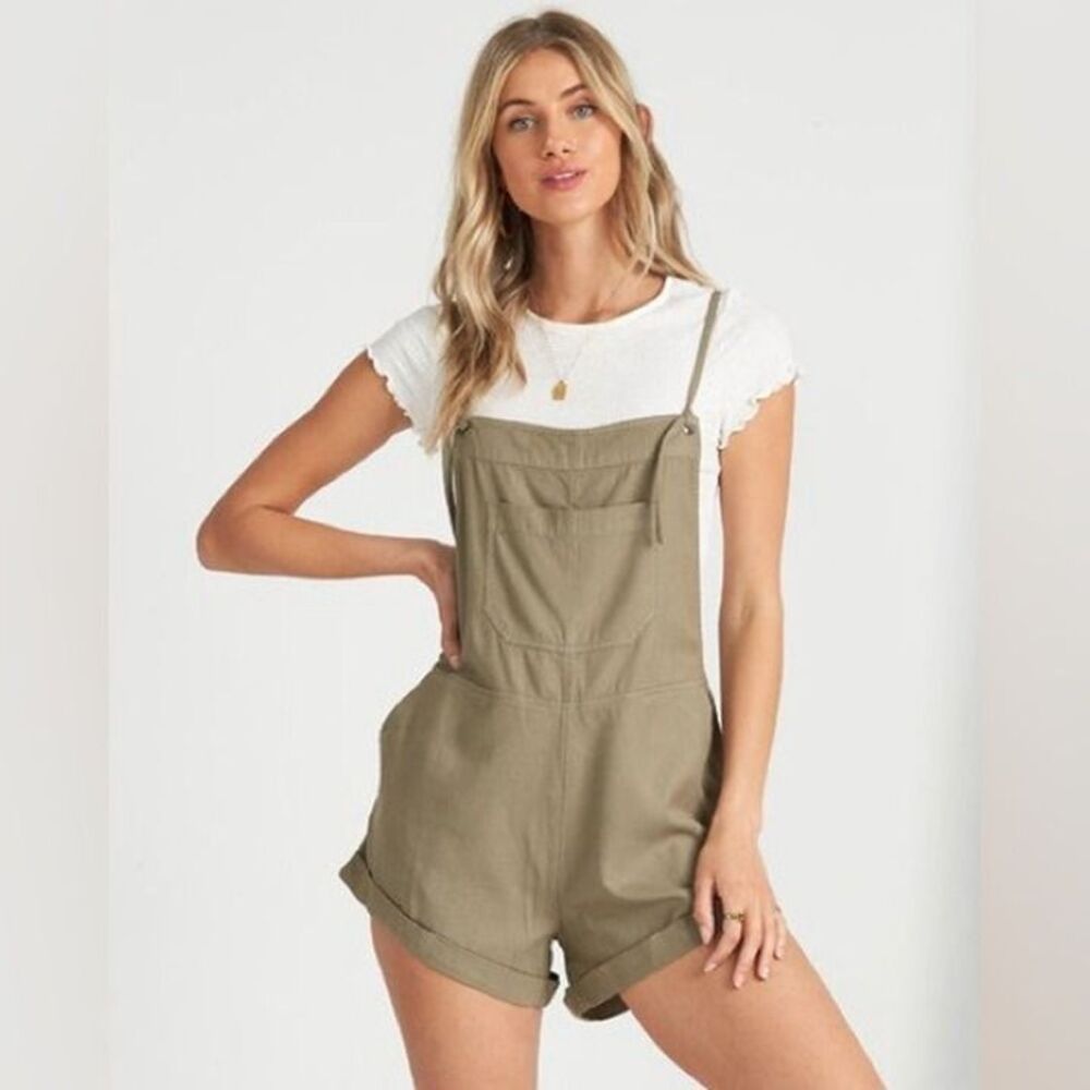 Billabong Wild Pursuit Adjustable Tie Front Straps Short Dungarees Romper M - Picture 2 of 11